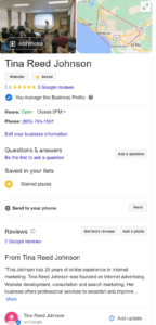 Tina Reed Johnson Google Search Business Profile listing on desktop